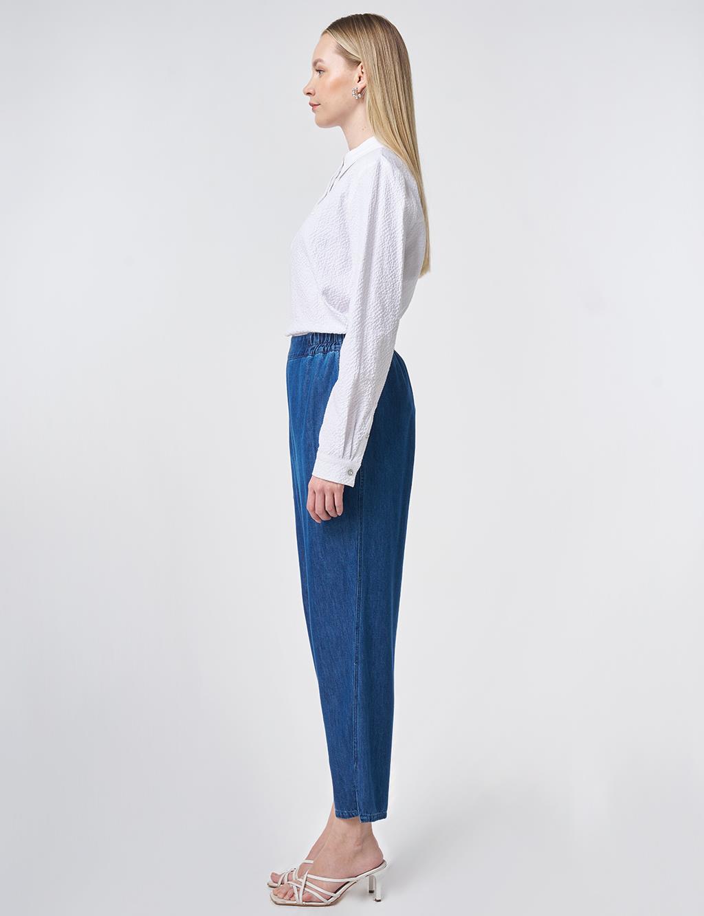 Washed Metallic Print Denim Trousers Blue
