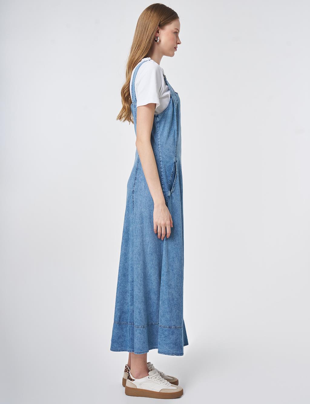 Denim Salopet Elbise Mavi