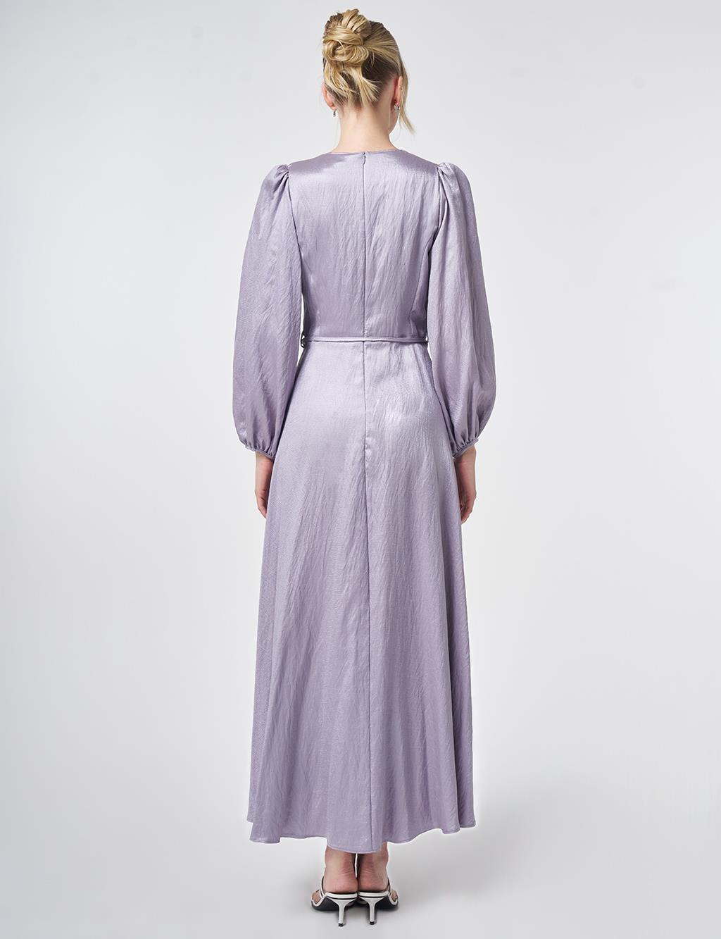 Çiçek Detaylı Saten Elbise Lila 