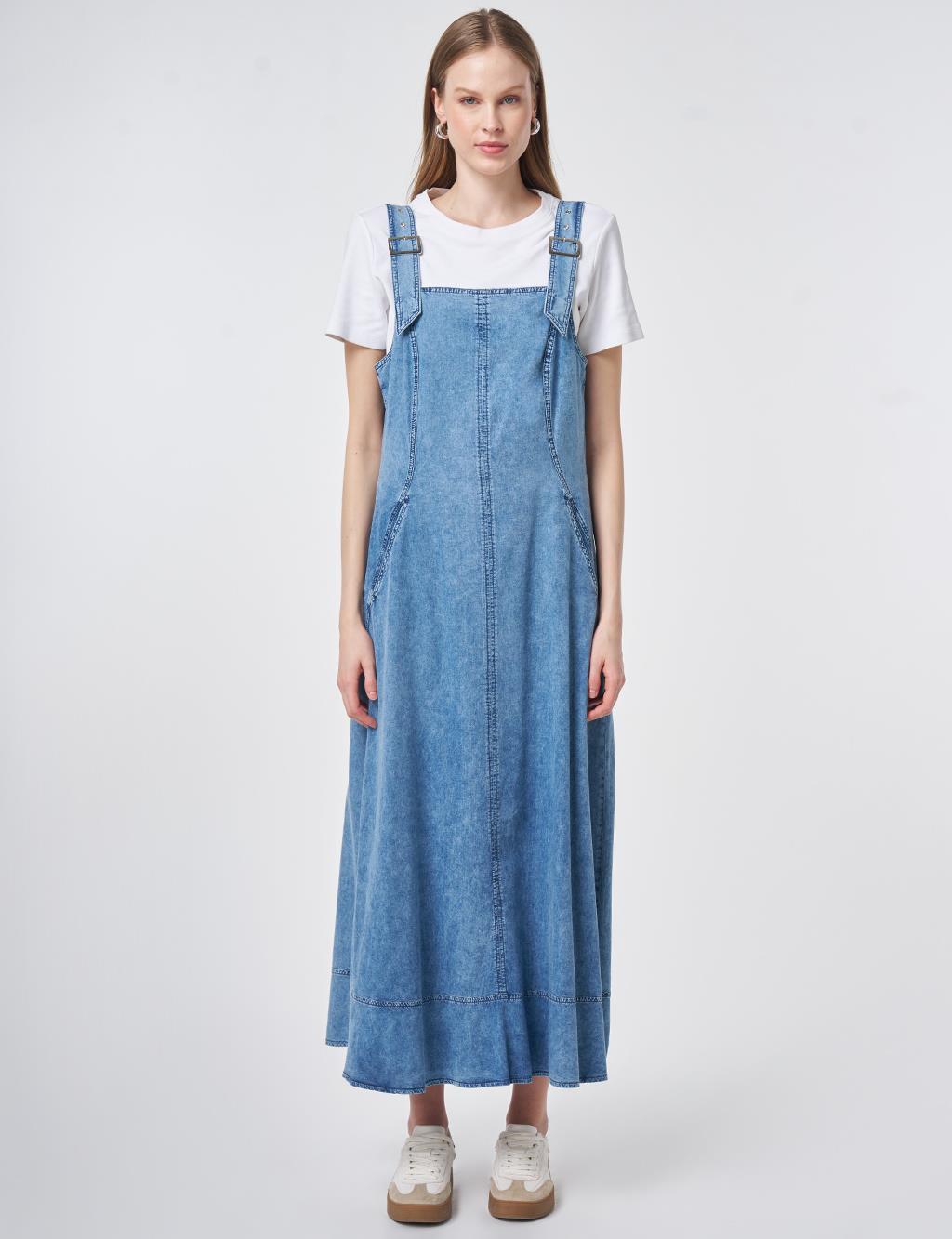 Denim Salopet Elbise Mavi