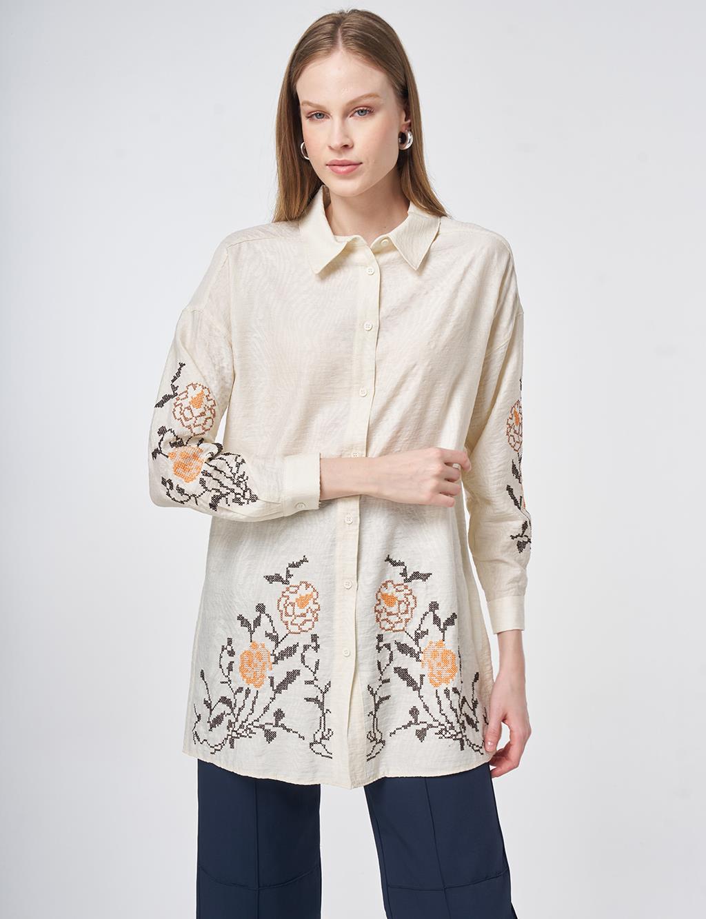 Etamine Embroidered Viscose-Cotton Tunic in Ecru