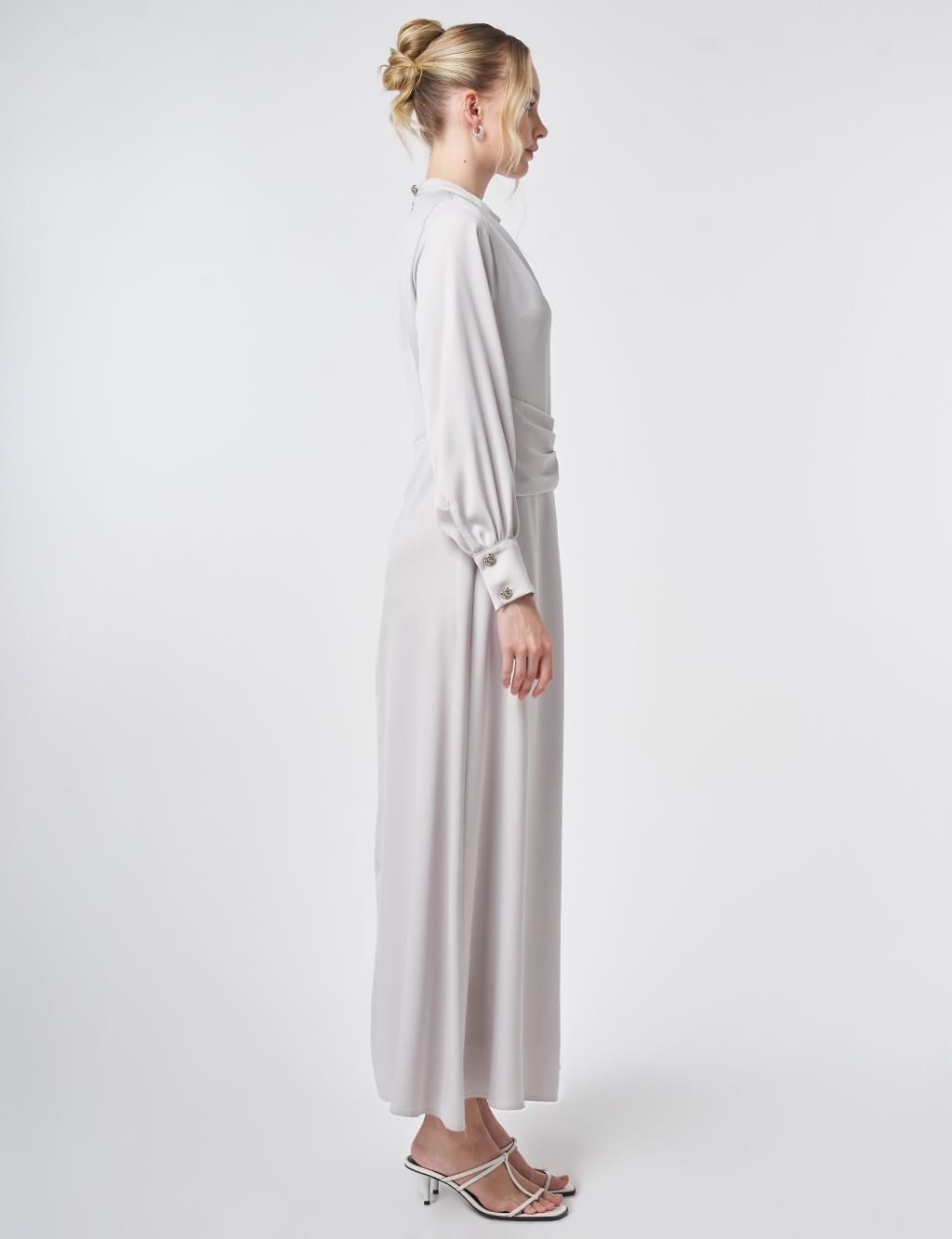 Drapeli Saten Elbise Açık Gri 