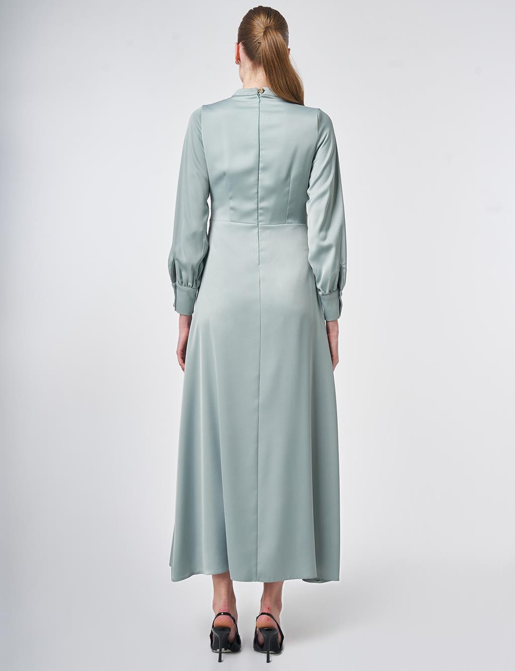 Drapeli Saten Elbise Buz Yeşili