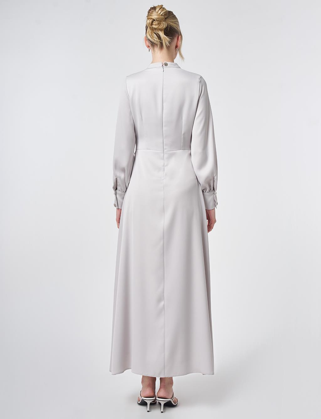 Drapeli Saten Elbise Açık Gri 