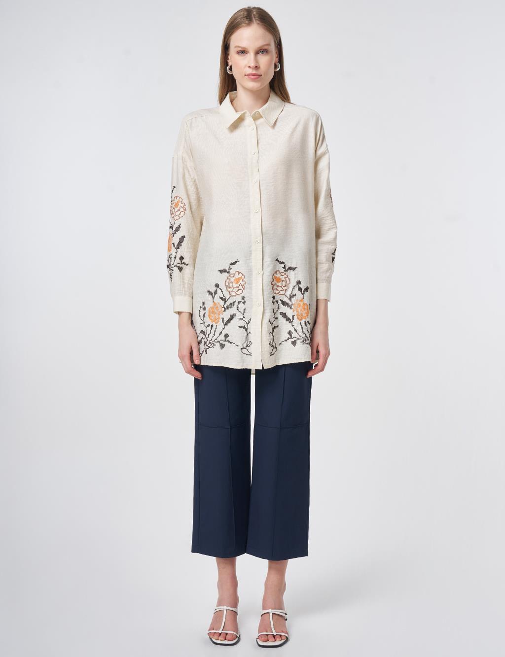 Etamine Embroidered Viscose-Cotton Tunic in Ecru