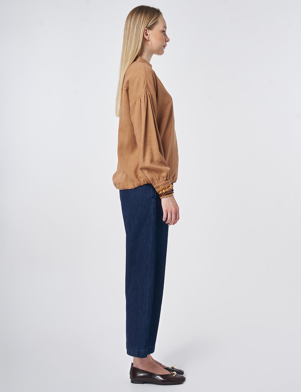 Stitch Detail Linen-Viscose Blouse Camel
