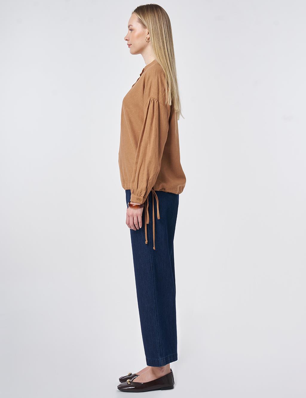 Stitch Detail Linen-Viscose Blouse Camel