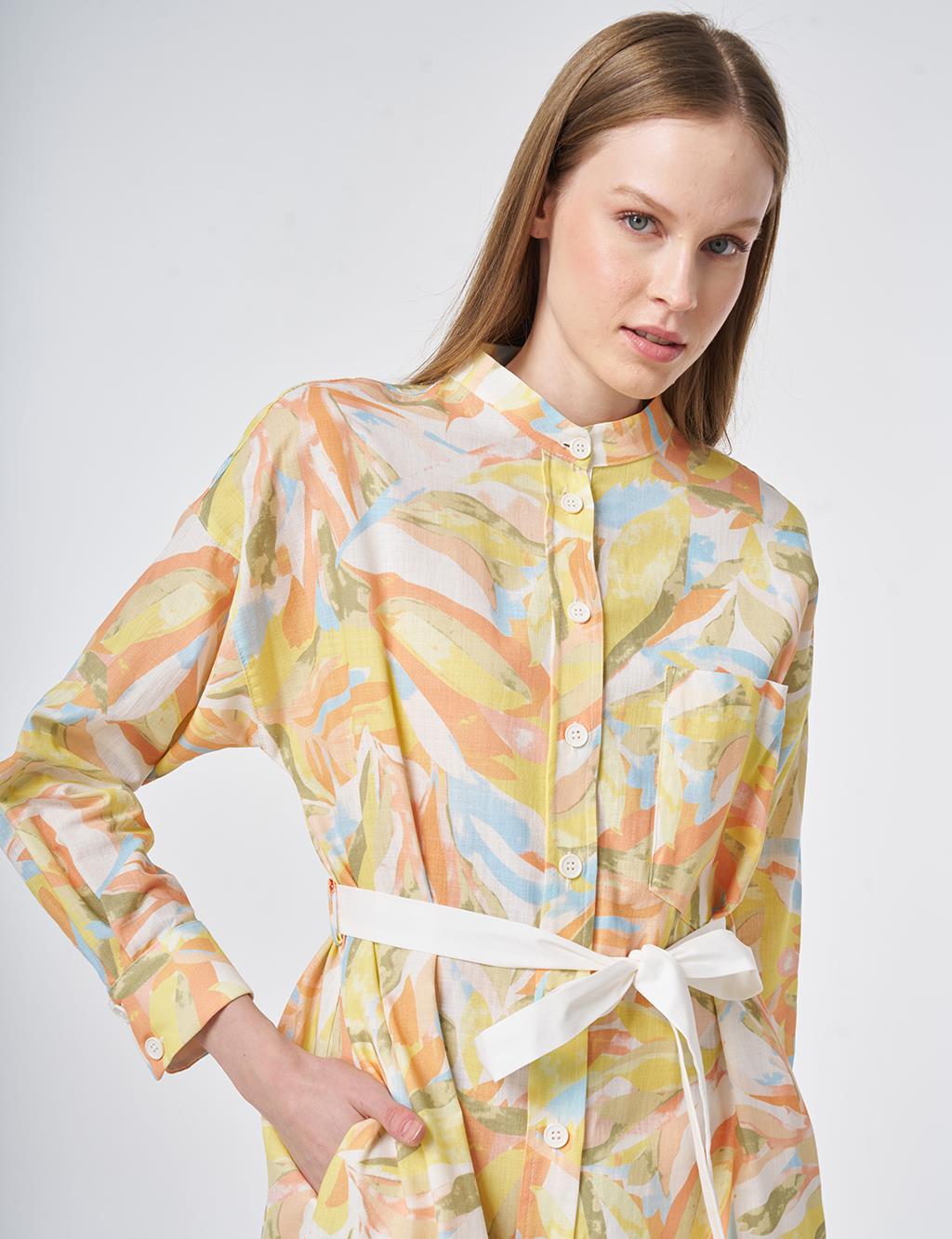 100% Cotton Mandarin Collar Long Tunic - Lime