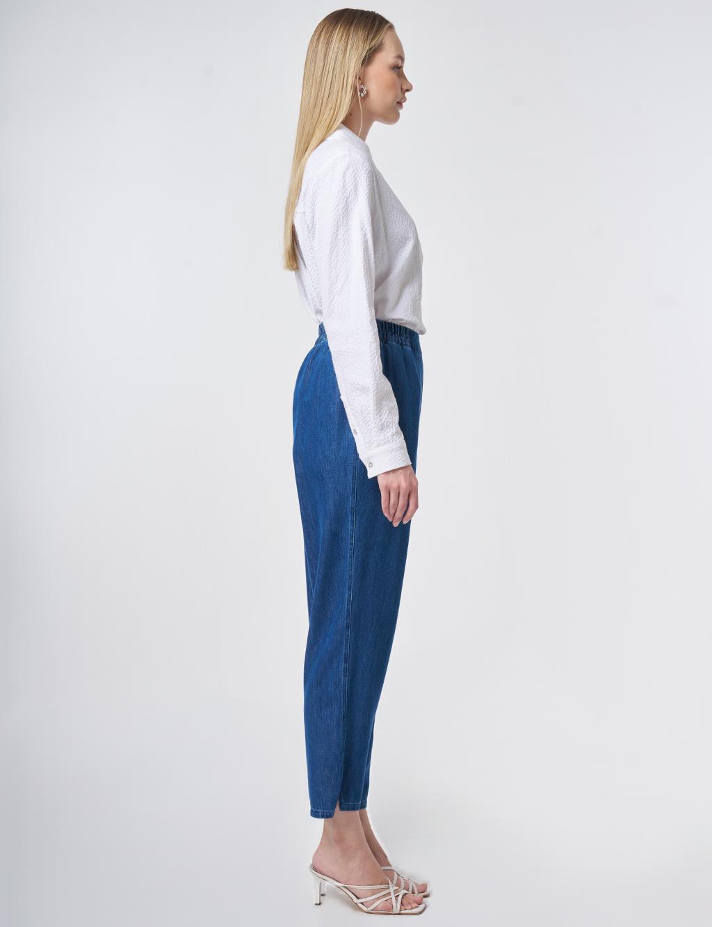 Washed Metallic Print Denim Trousers Blue