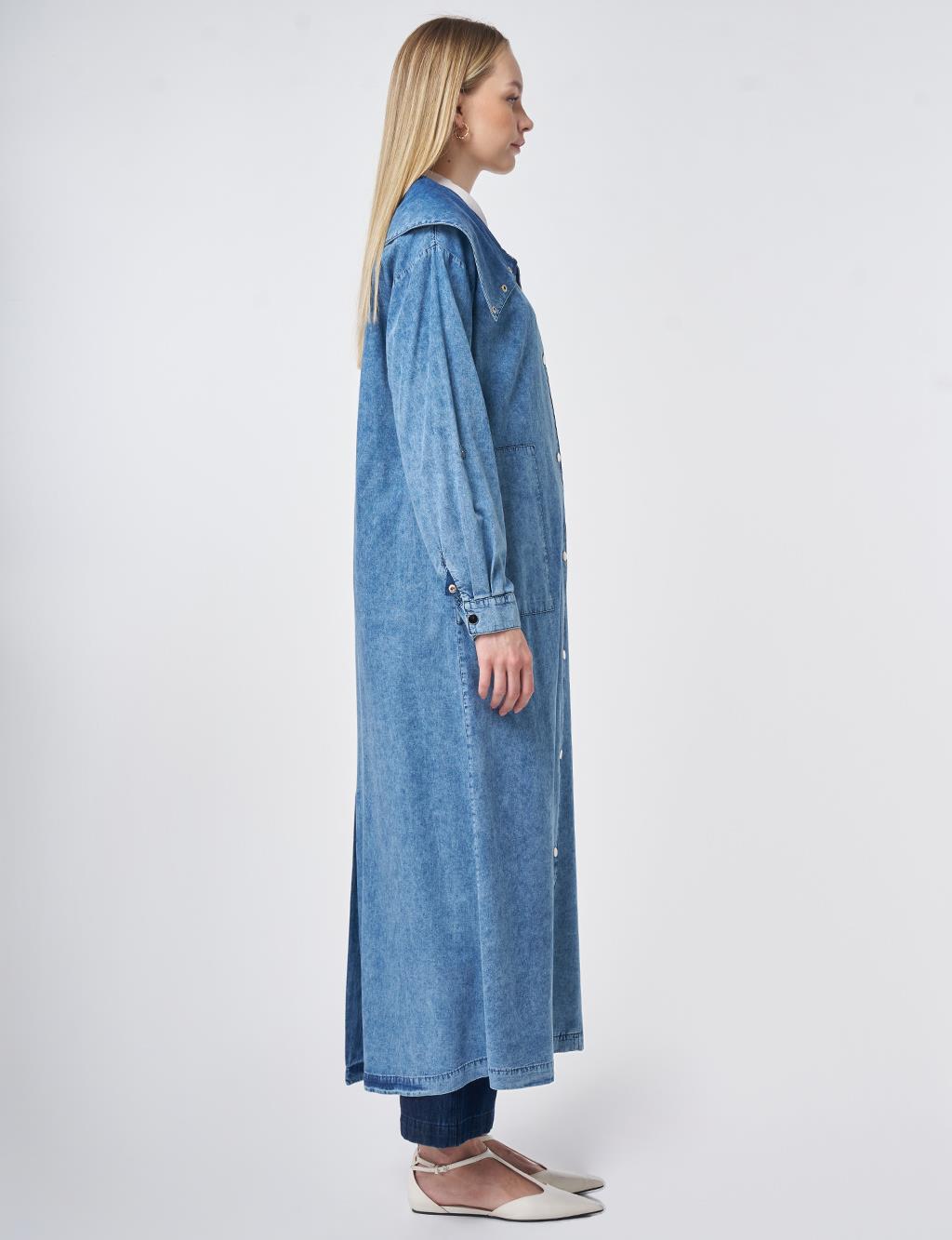 Geniş Yaka Yıkamalı Giy Çık Mavi