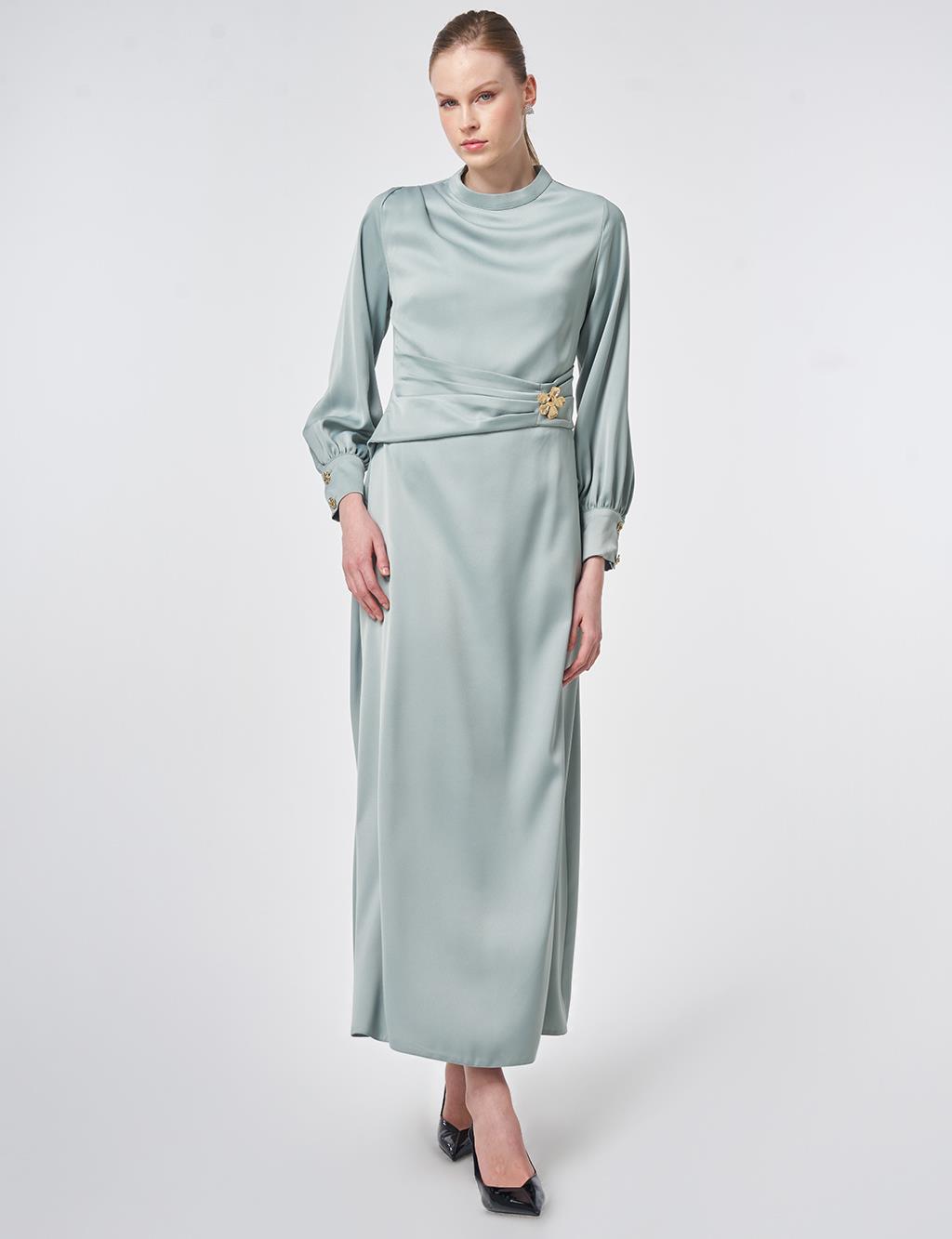 Drapeli Saten Elbise Buz Yeşili