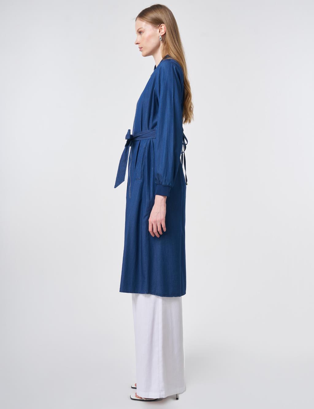 Rahat Kesim Yıkamalı Tunik İndigo