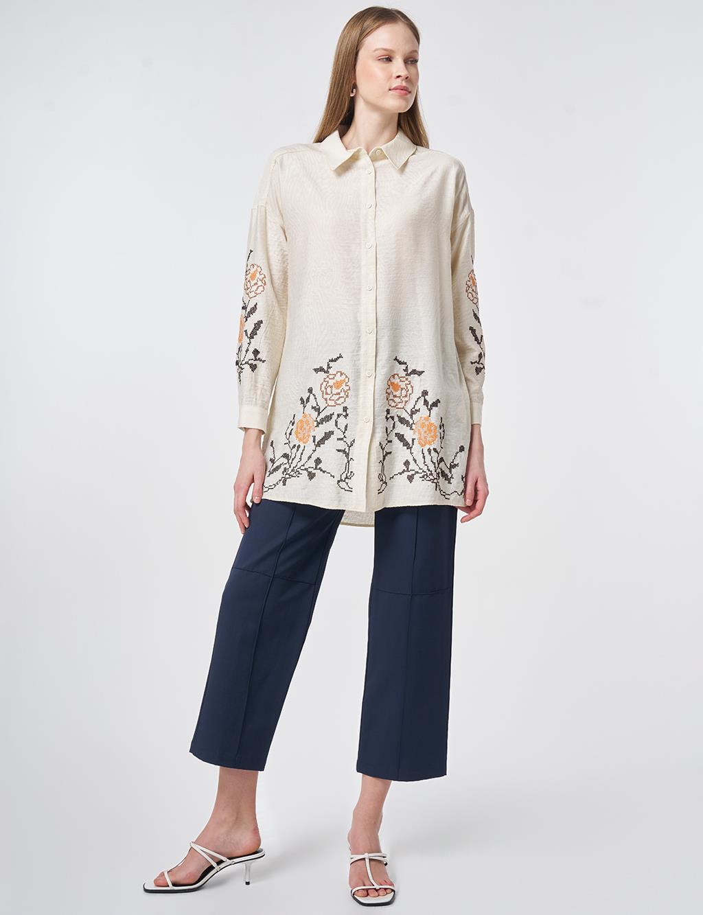 Etamine Embroidered Viscose-Cotton Tunic in Ecru