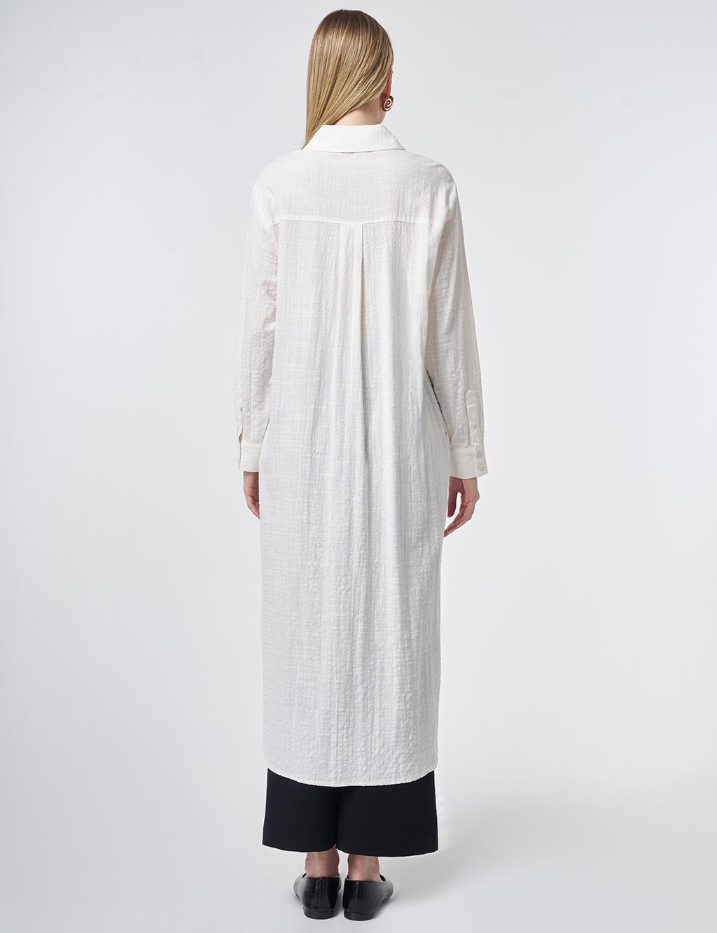 Embroidered Appliqué Textured Long Tunic in Off-White