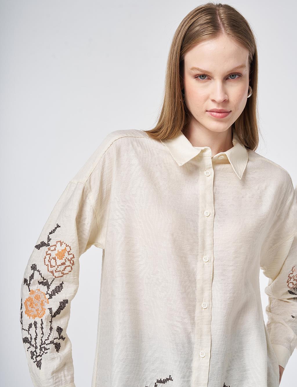 Etamine Embroidered Viscose-Cotton Tunic in Ecru