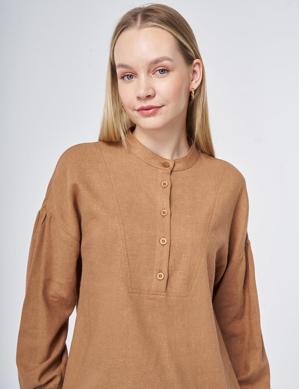 Stitch Detail Linen-Viscose Blouse Camel