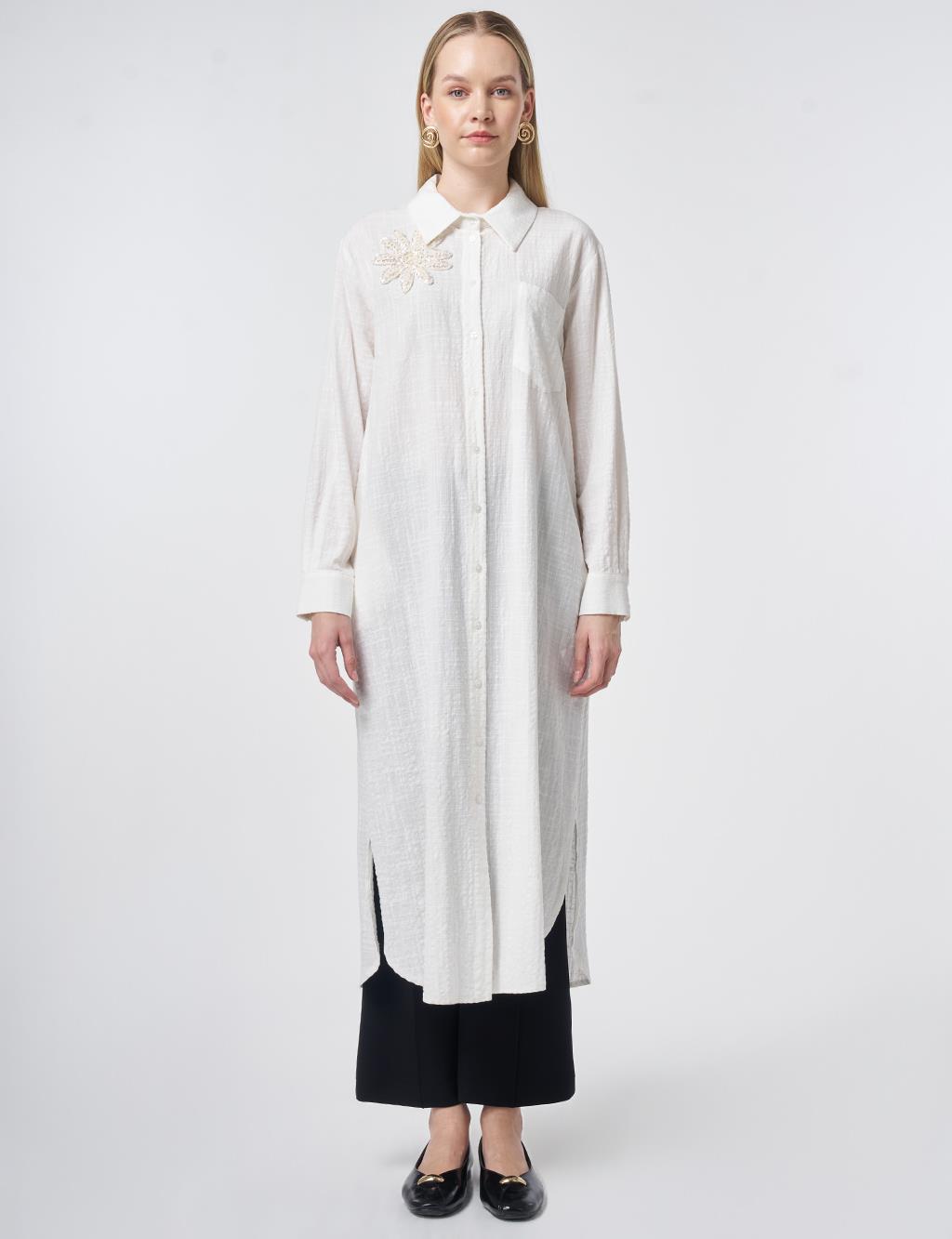 Embroidered Appliqué Textured Long Tunic in Off-White