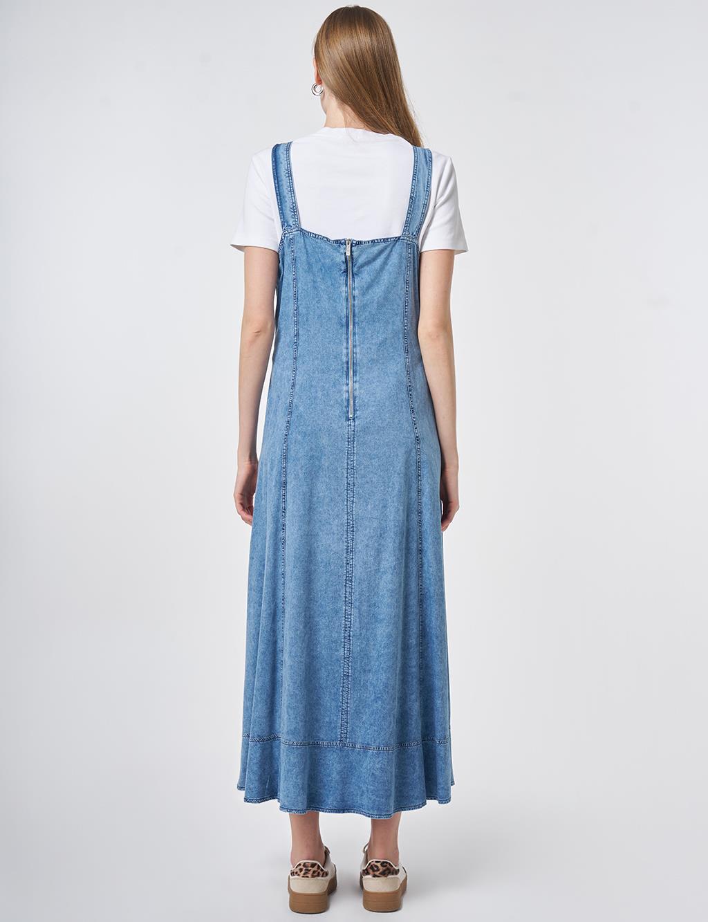 Denim Salopet Elbise Mavi