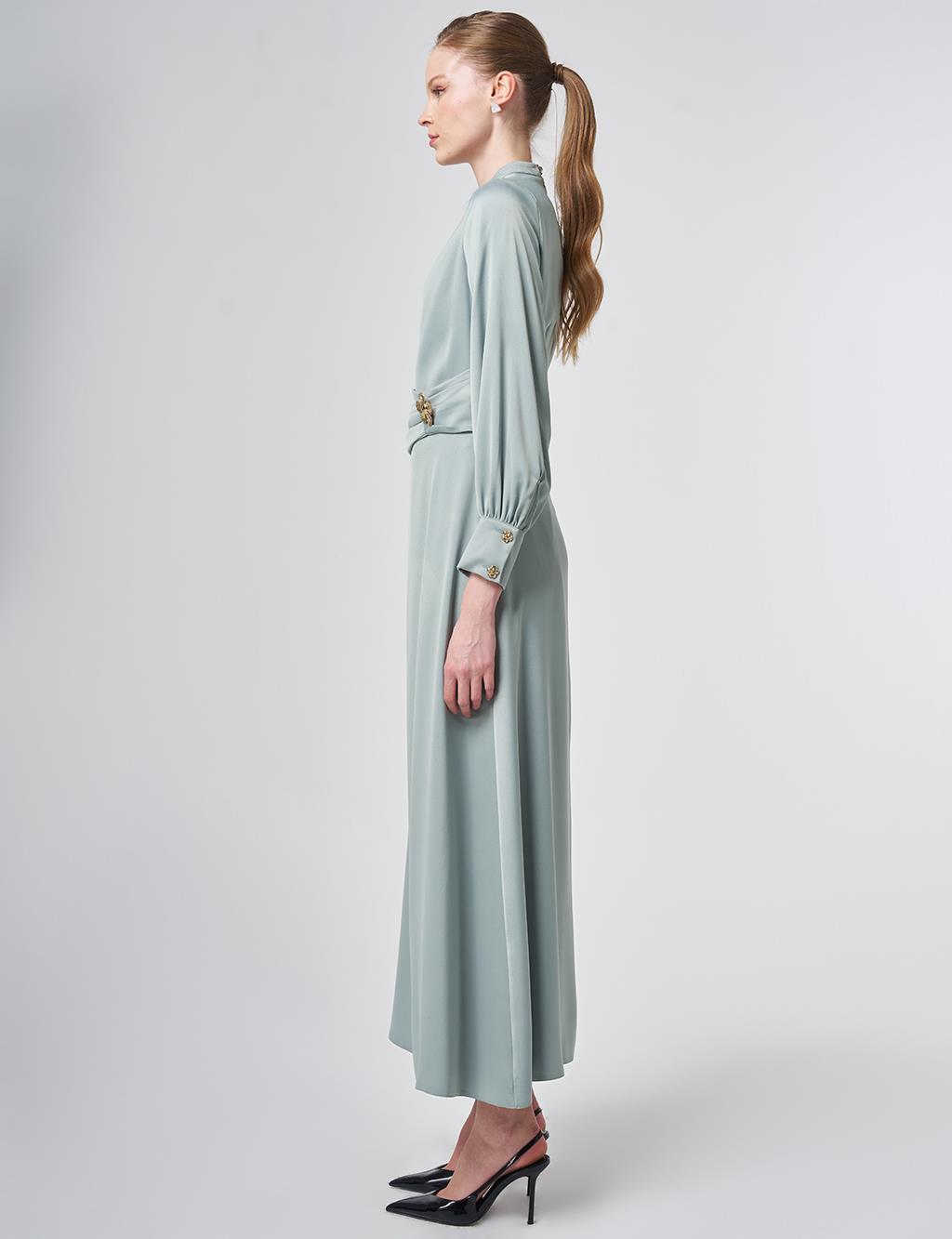 Drapeli Saten Elbise Buz Yeşili