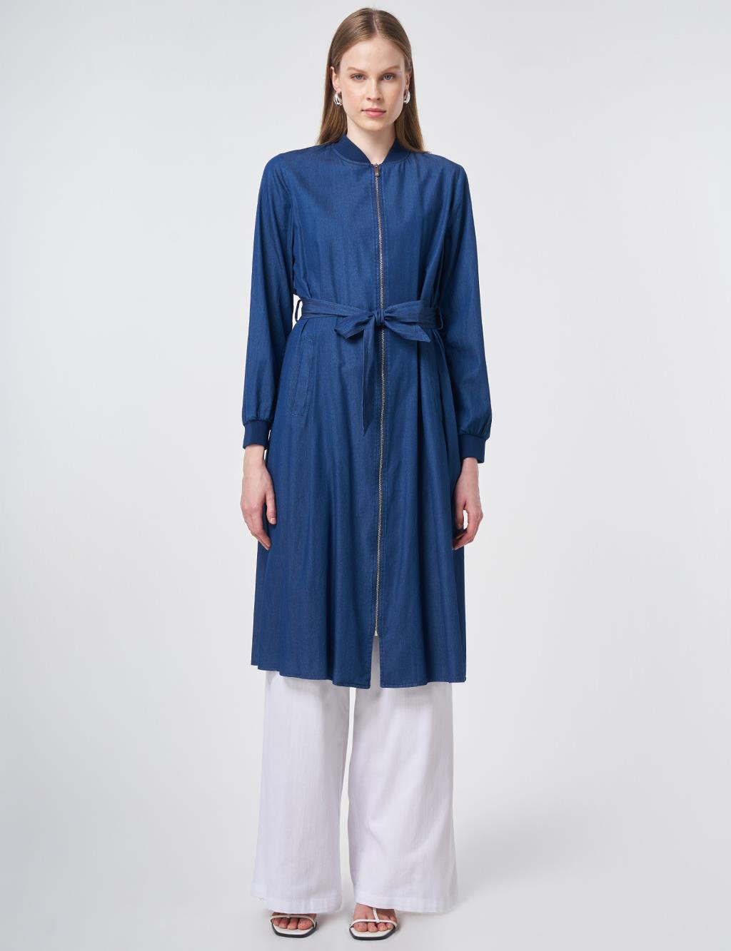 Rahat Kesim Yıkamalı Tunik İndigo