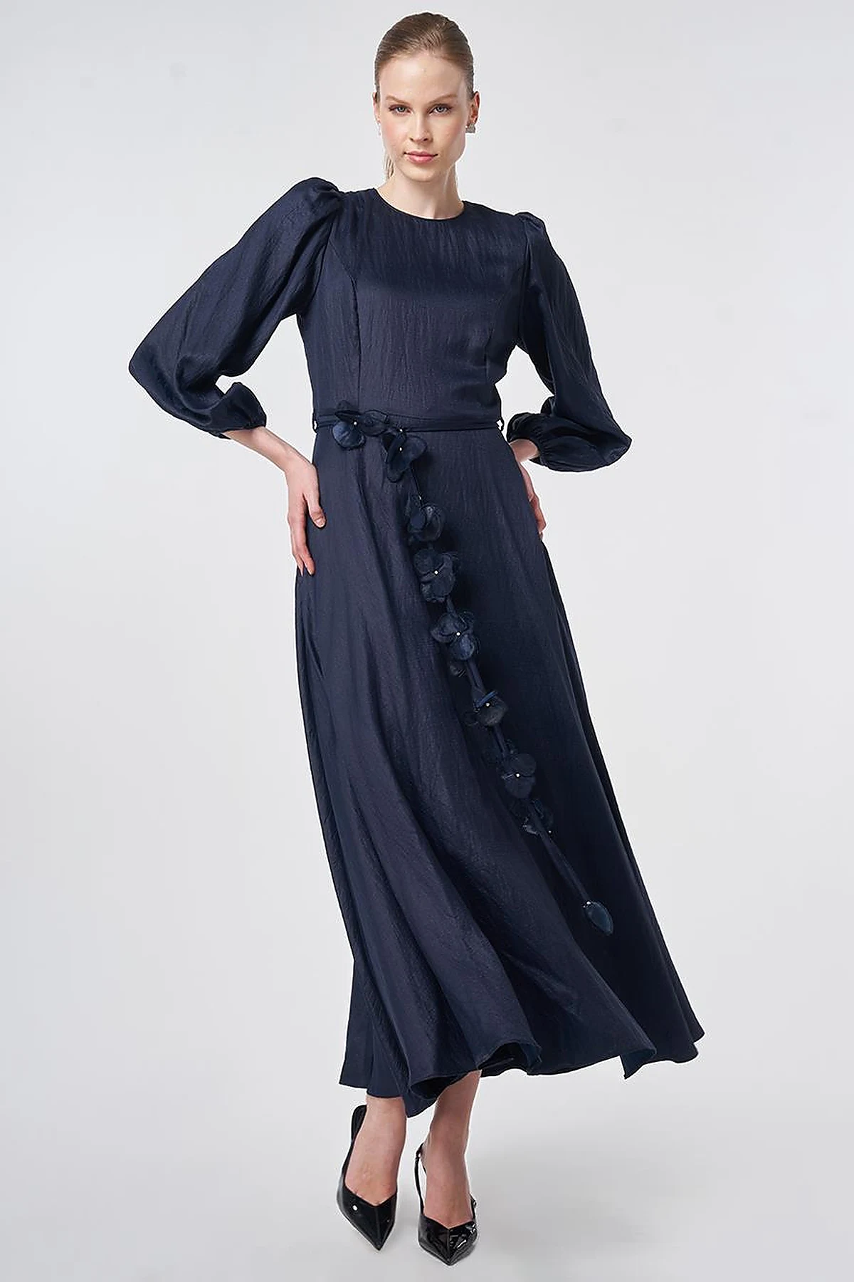 Dark Navy Floral Detail Satin Dress