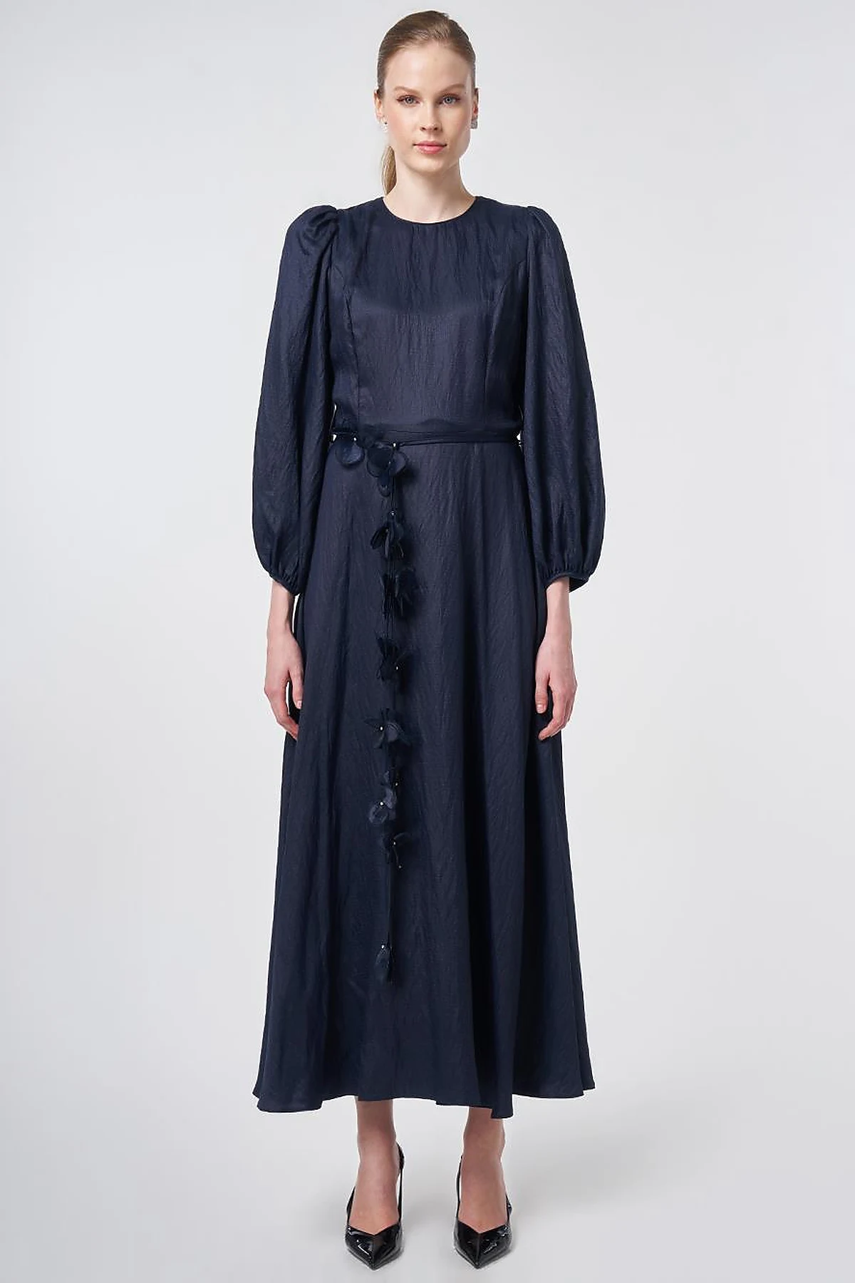 Dark Navy Floral Detail Satin Dress