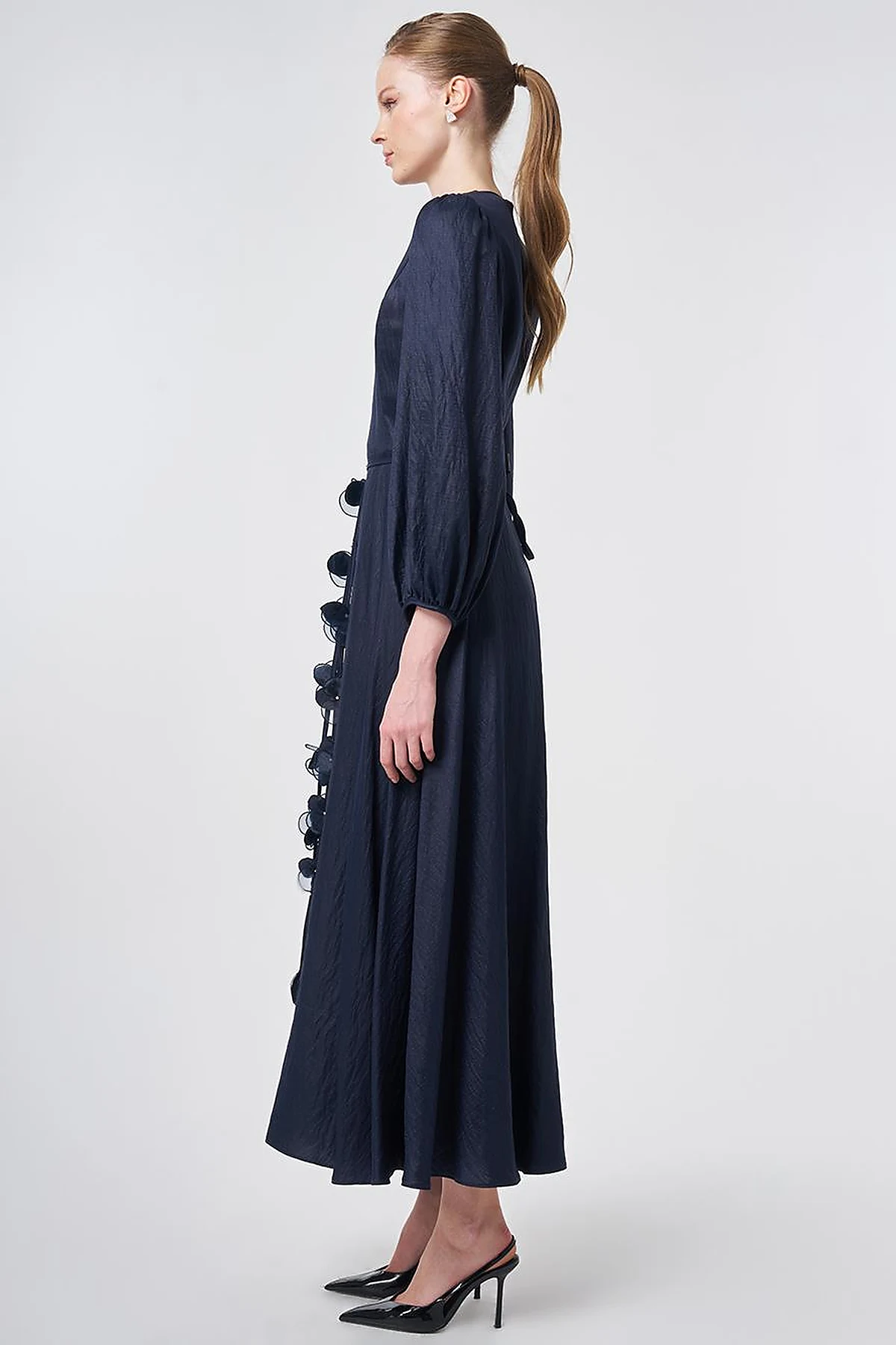Dark Navy Floral Detail Satin Dress