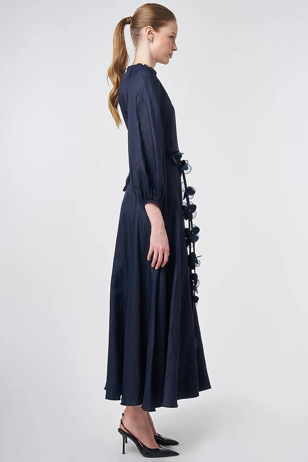 Dark Navy Floral Detail Satin Dress