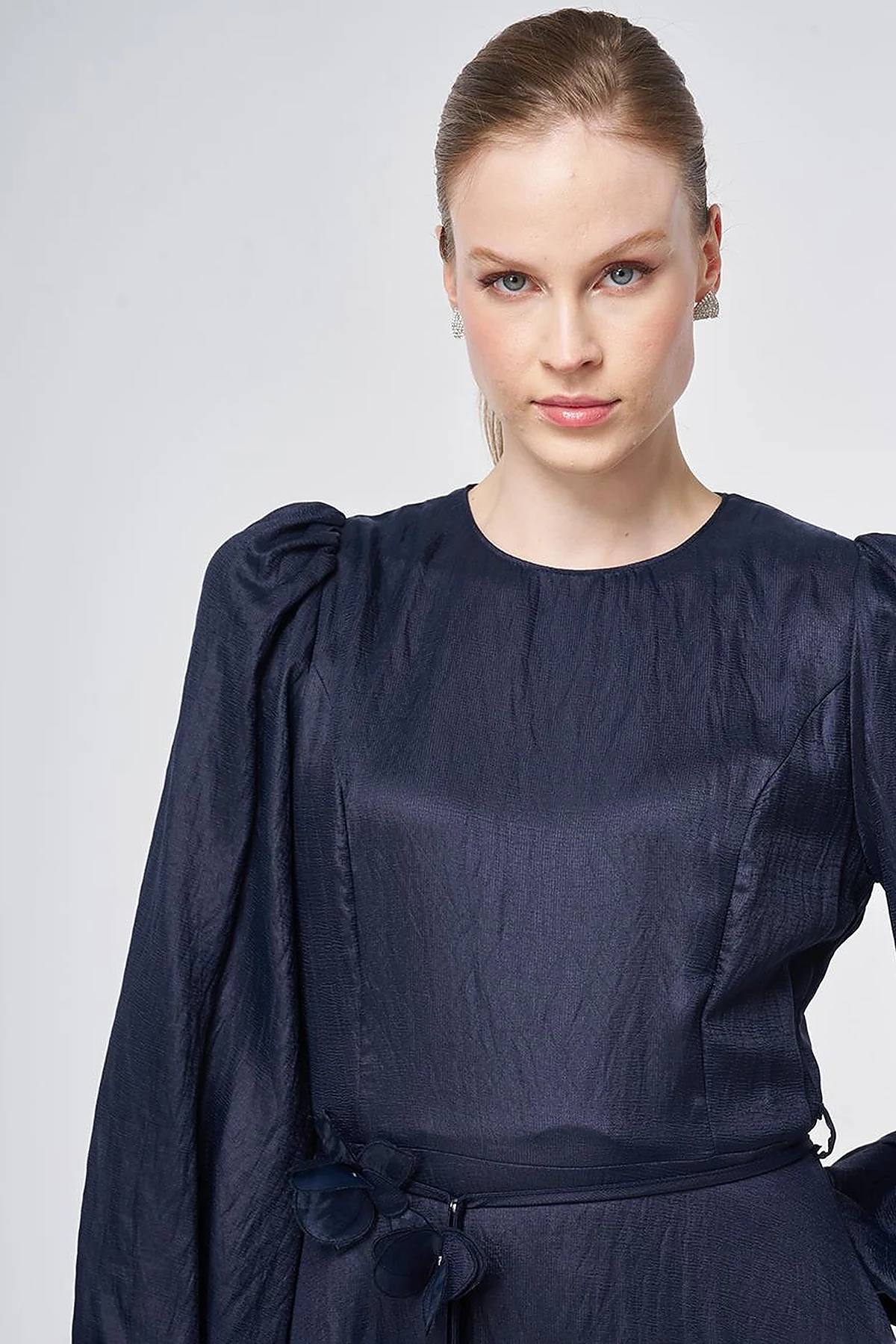 Dark Navy Floral Detail Satin Dress