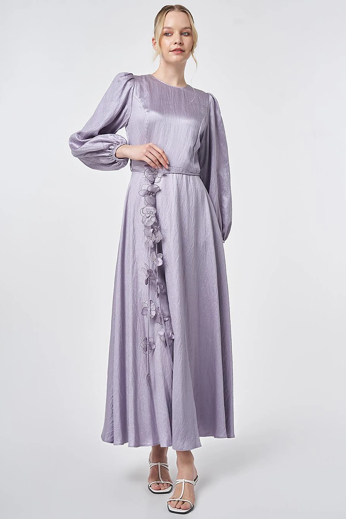 Lilac Floral Detail Satin Dress