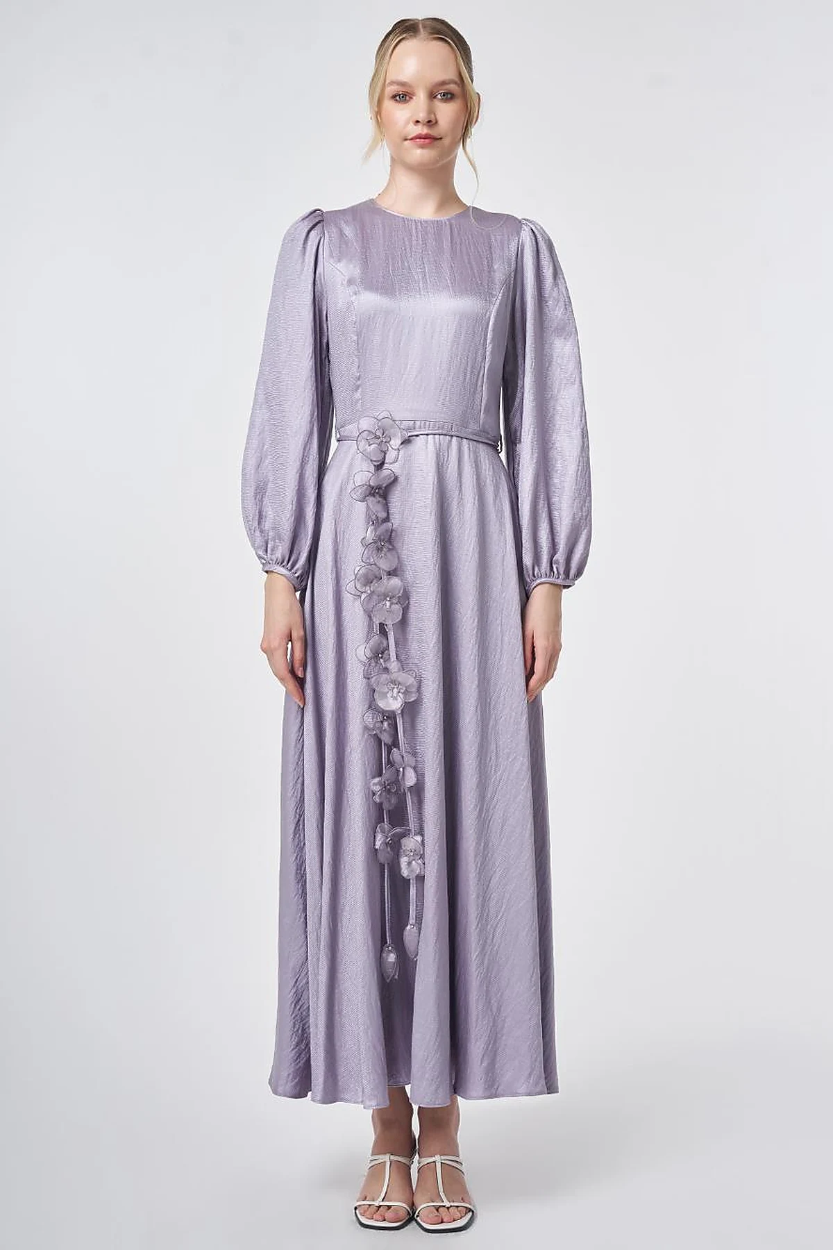 Lilac Floral Detail Satin Dress