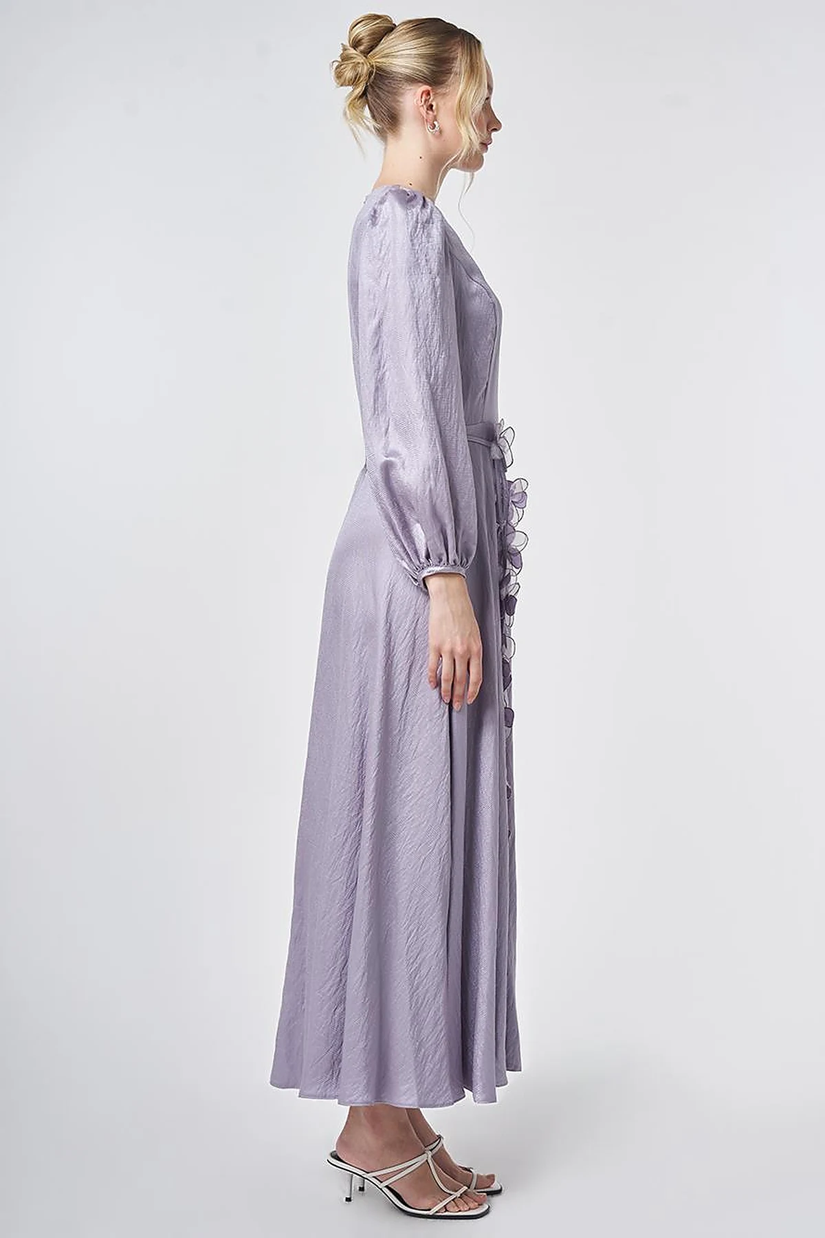 Lilac Floral Detail Satin Dress