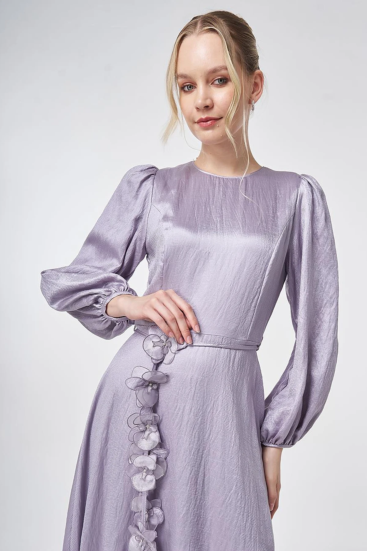 Lilac Floral Detail Satin Dress
