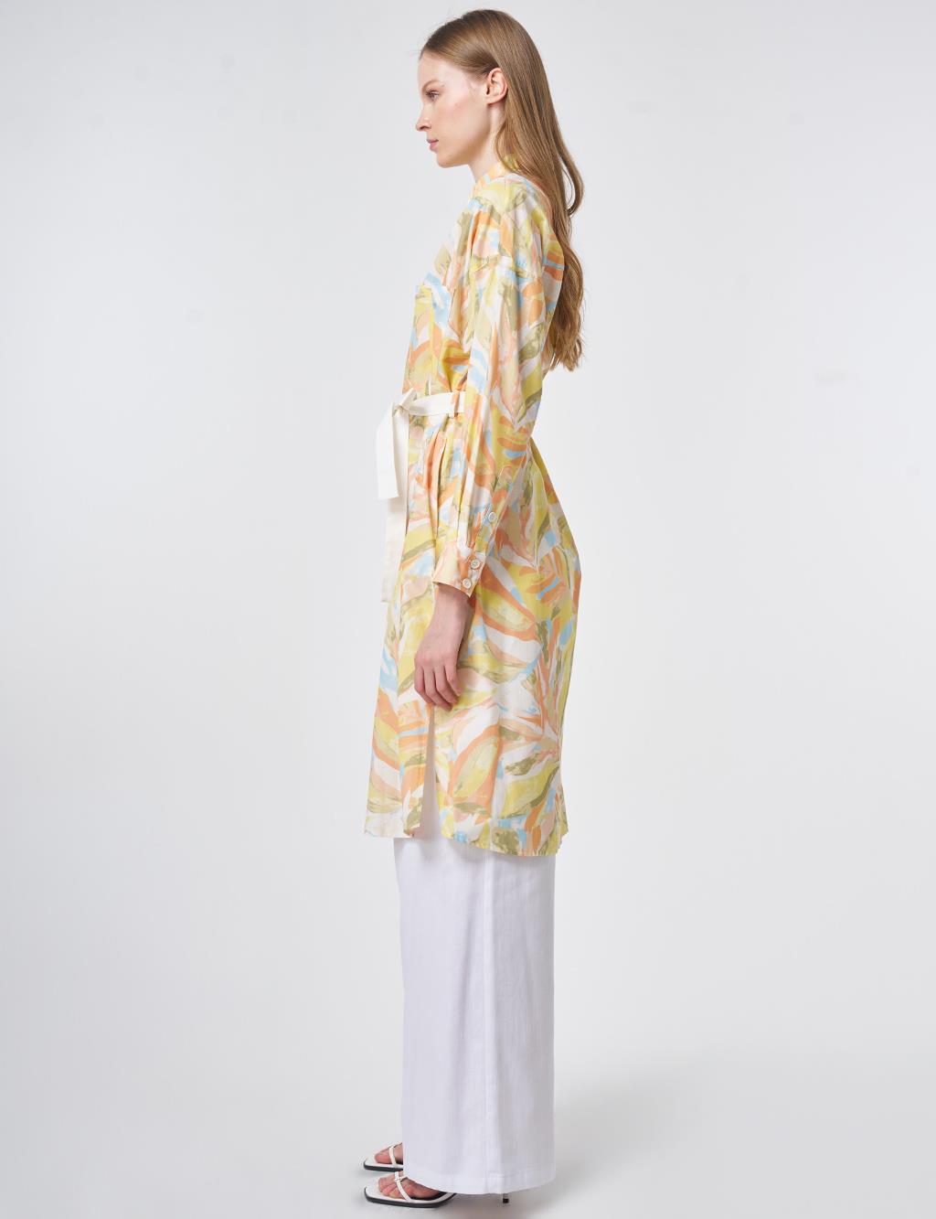100% Cotton Mandarin Collar Long Tunic - Lime