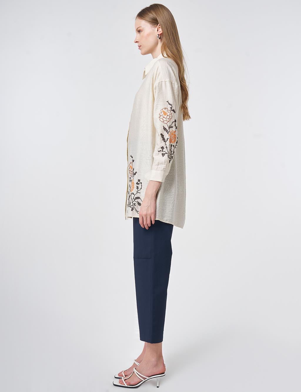 Etamine Embroidered Viscose-Cotton Tunic in Ecru