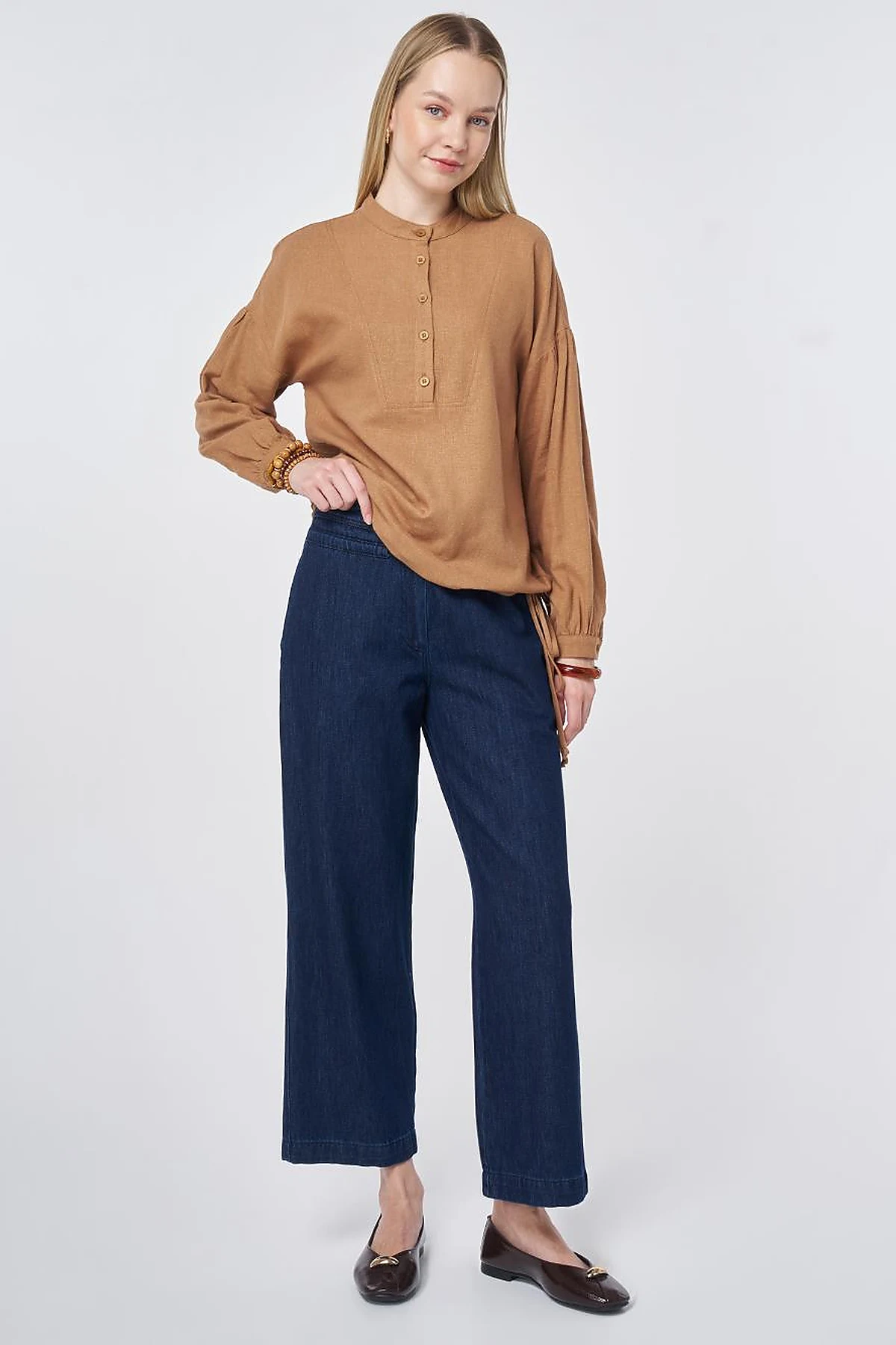 Stitch Detail Linen-Viscose Blouse Camel