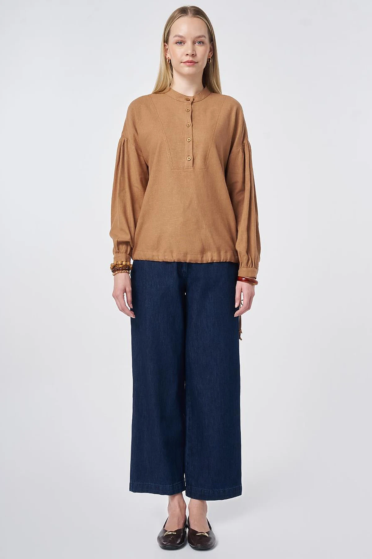 Stitch Detail Linen-Viscose Blouse Camel