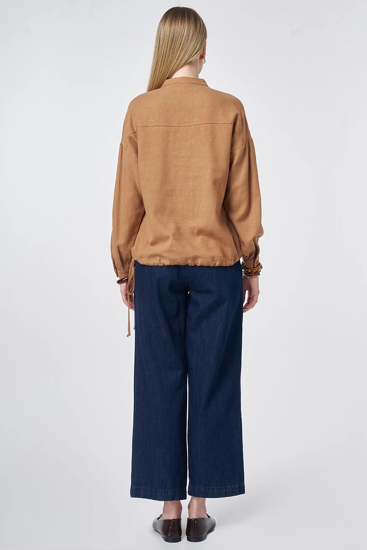 Stitch Detail Linen-Viscose Blouse Camel