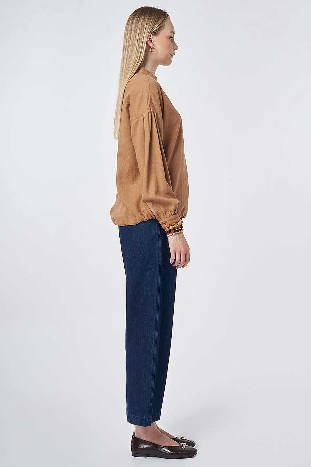 Stitch Detail Linen-Viscose Blouse Camel