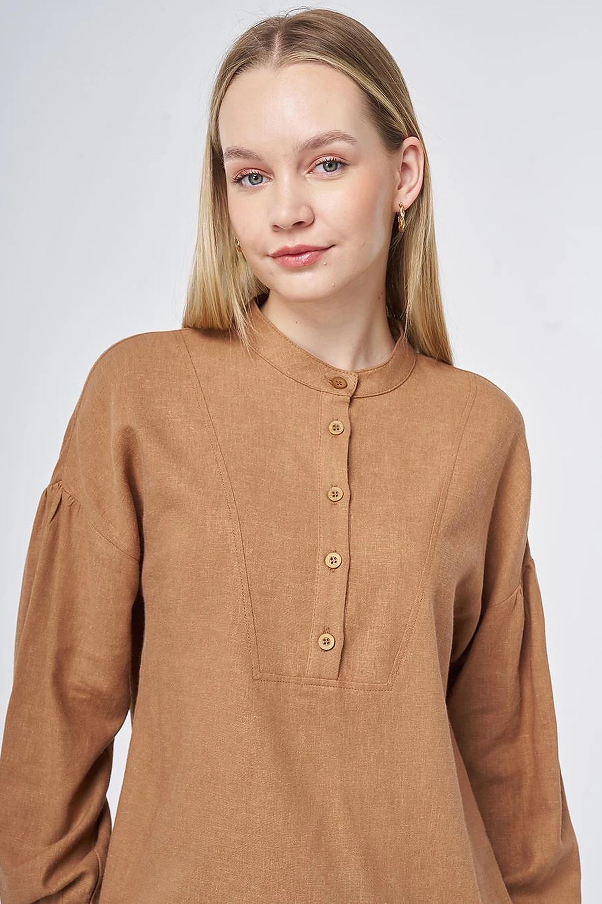 Stitch Detail Linen-Viscose Blouse Camel