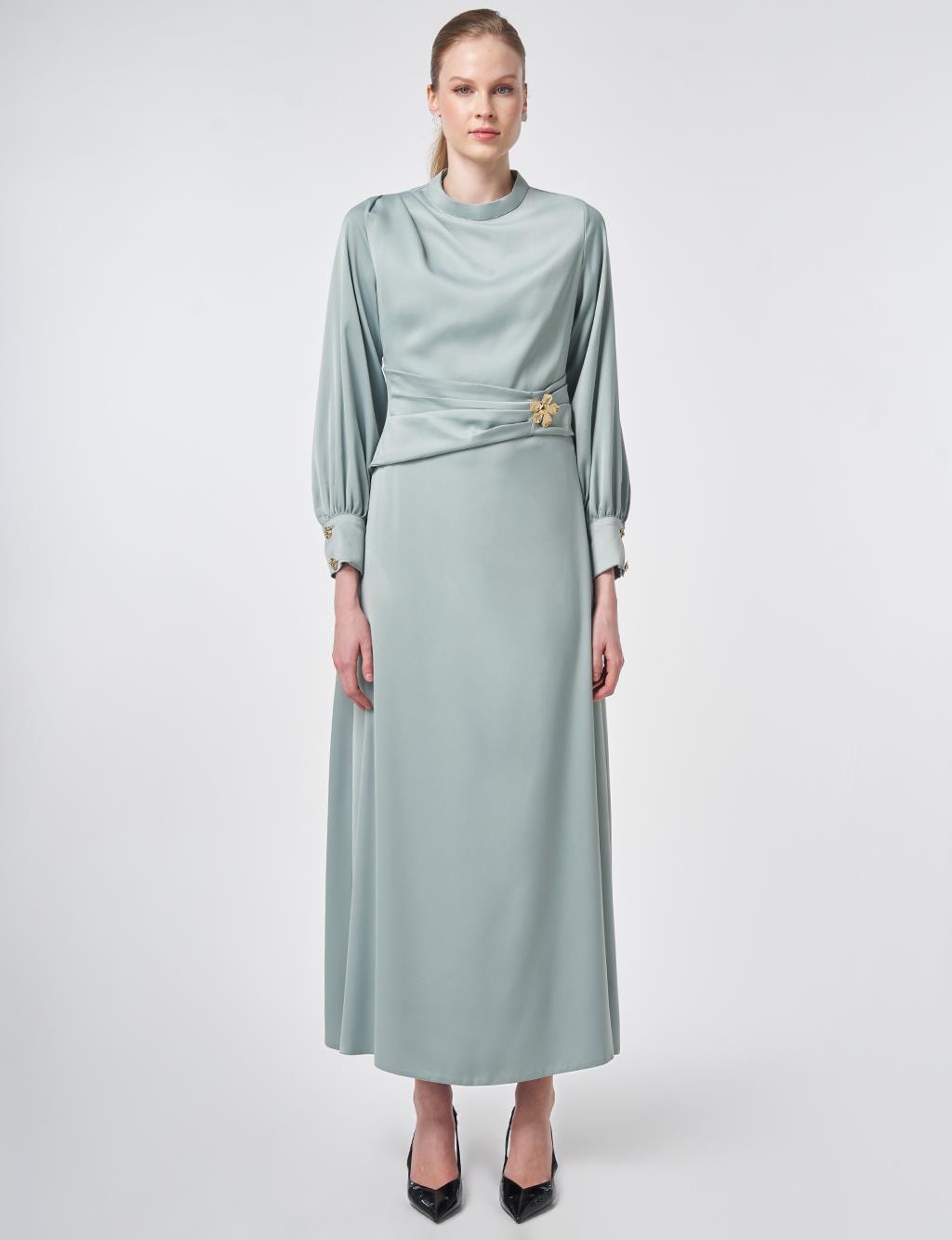 Drapeli Saten Elbise Buz Yeşili