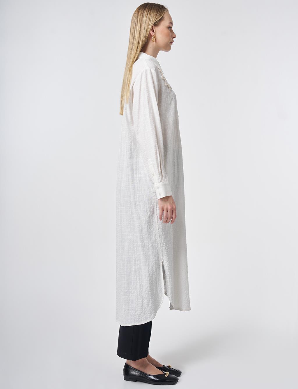 Embroidered Appliqué Textured Long Tunic in Off-White