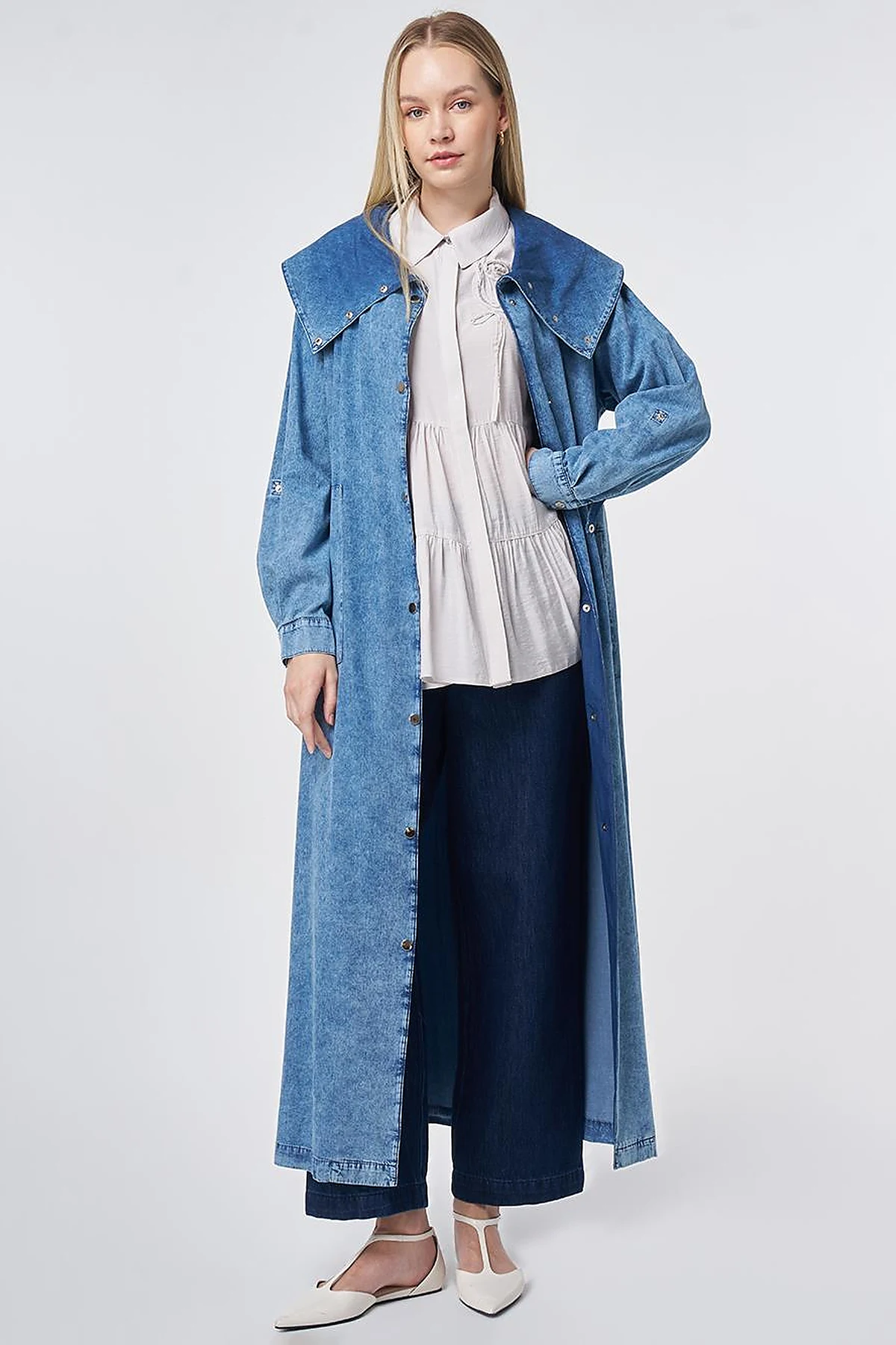 Wide Collar Washed Denim Throw-On Jacket Blue