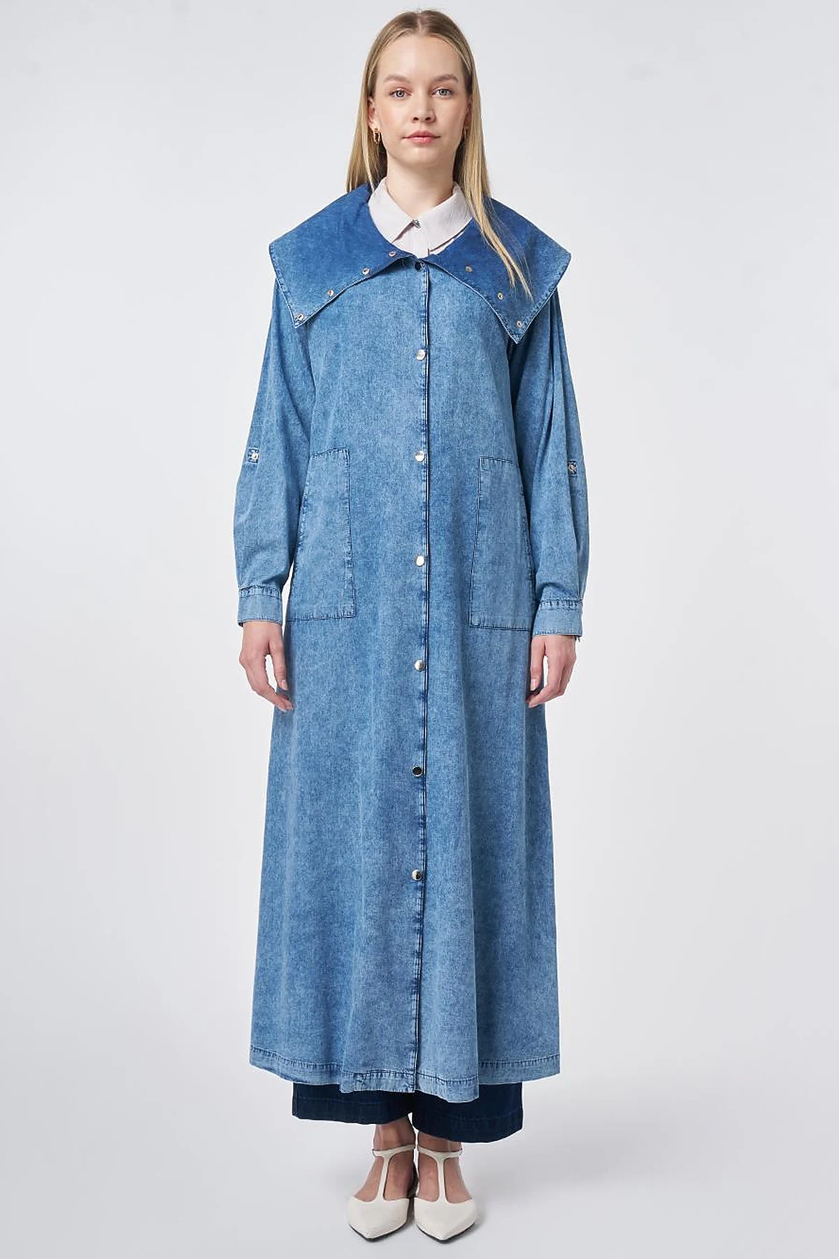 Wide Collar Washed Denim Throw-On Jacket Blue