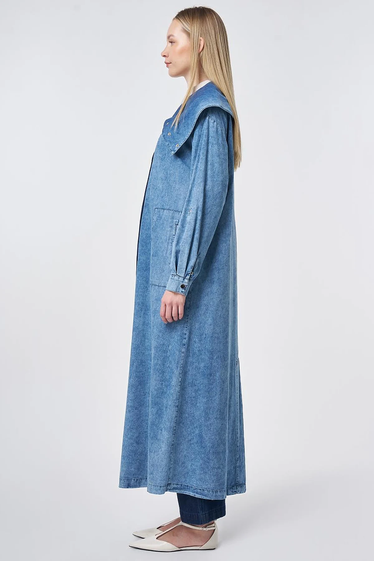 Wide Collar Washed Denim Throw-On Jacket Blue