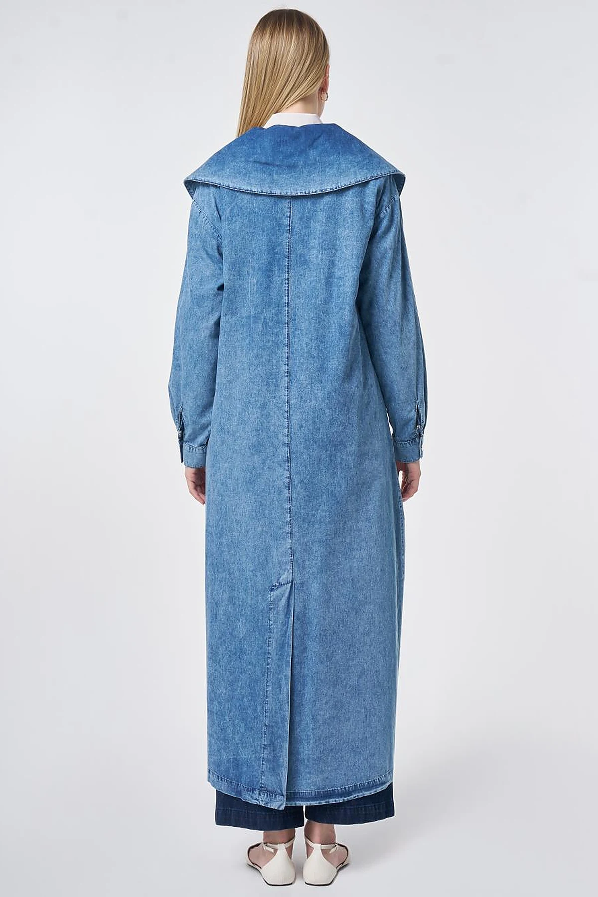 Wide Collar Washed Denim Throw-On Jacket Blue