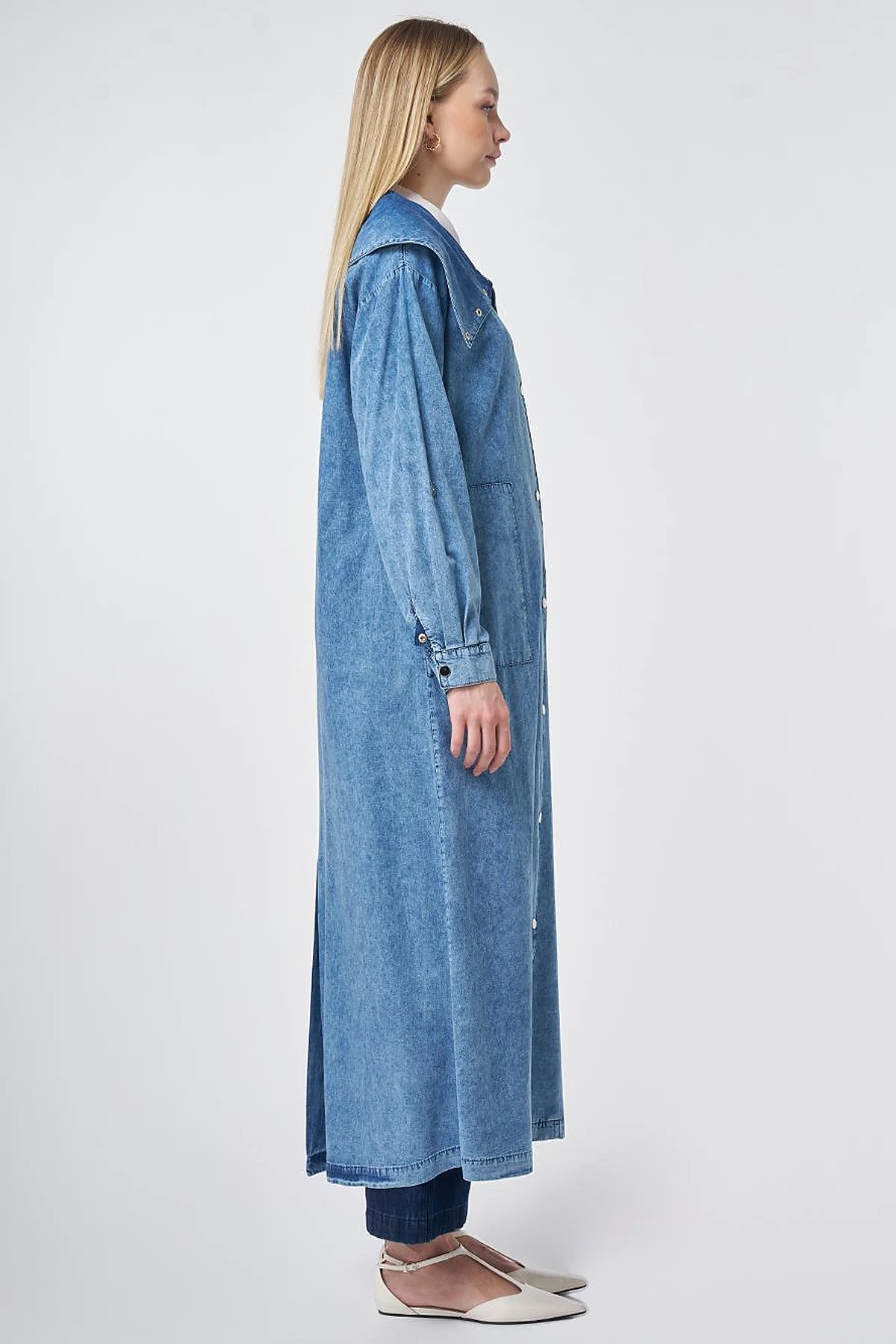 Wide Collar Washed Denim Throw-On Jacket Blue