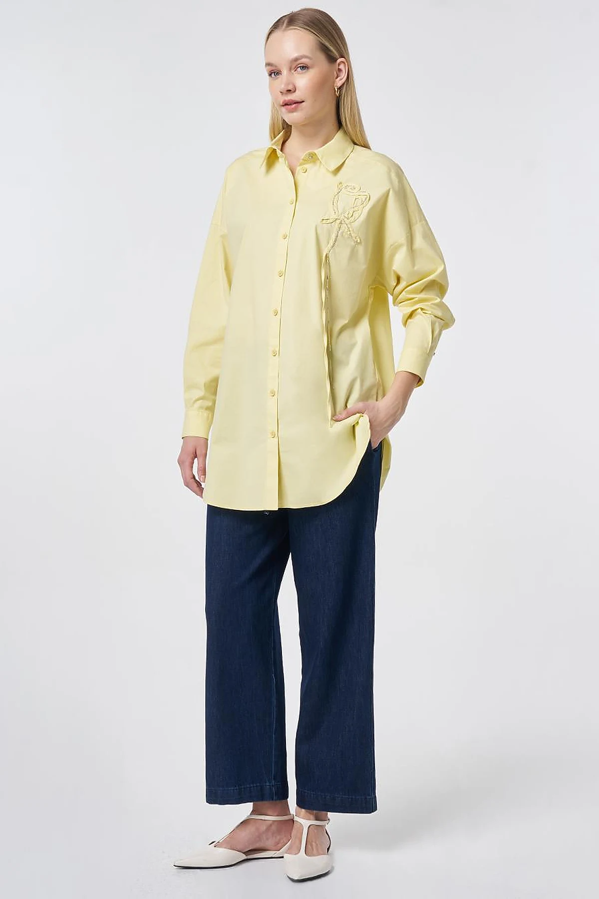 Stone Embroidered Cotton Tunic Lemon Yellow