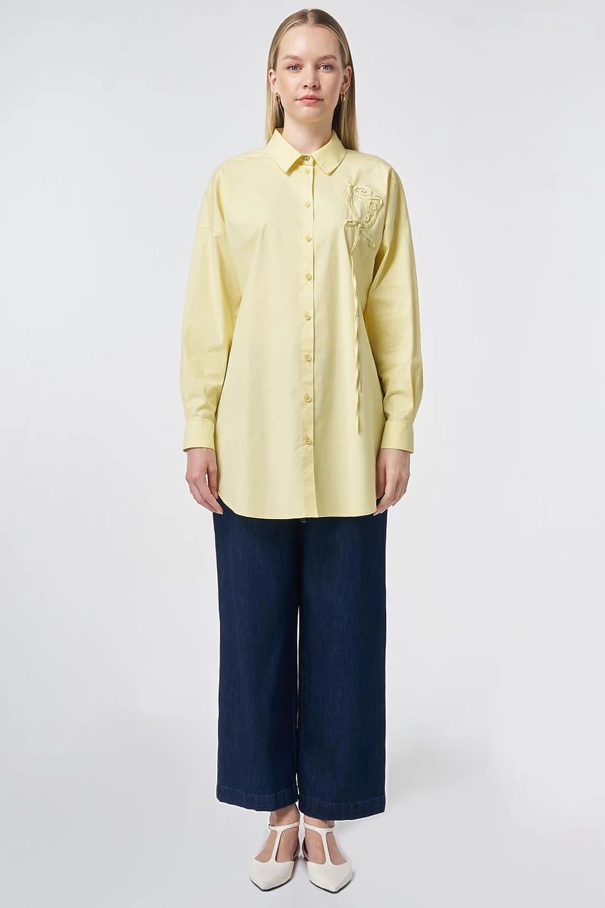 Stone Embroidered Cotton Tunic Lemon Yellow