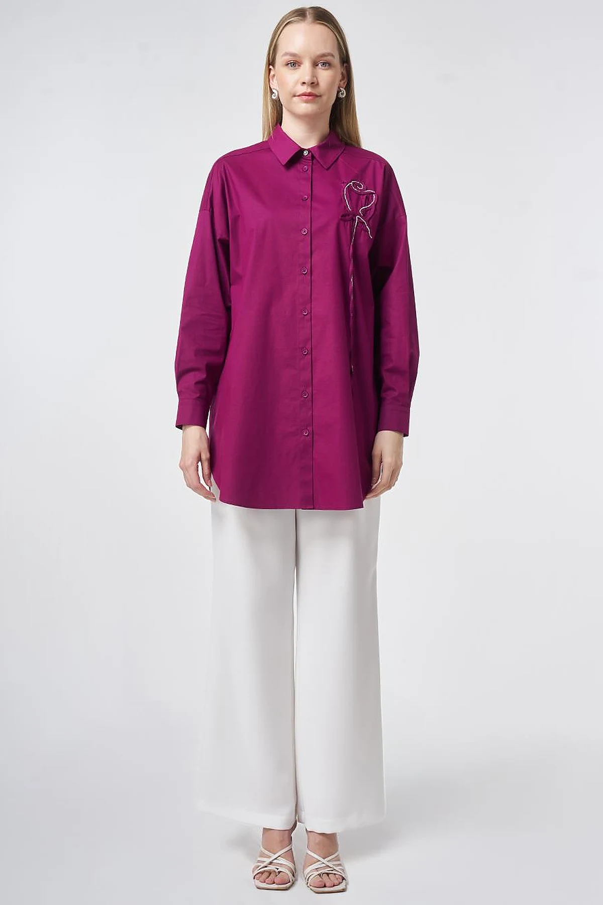 Stone Embroidered Cotton Tunic Plum